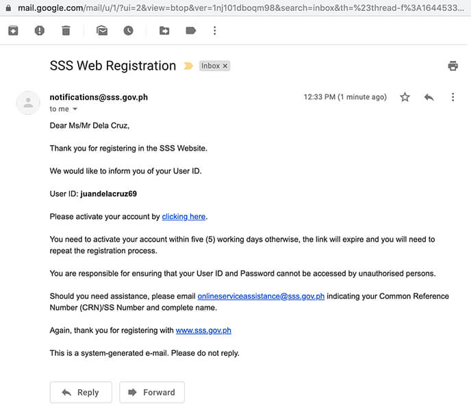 SSS Web Registration Email